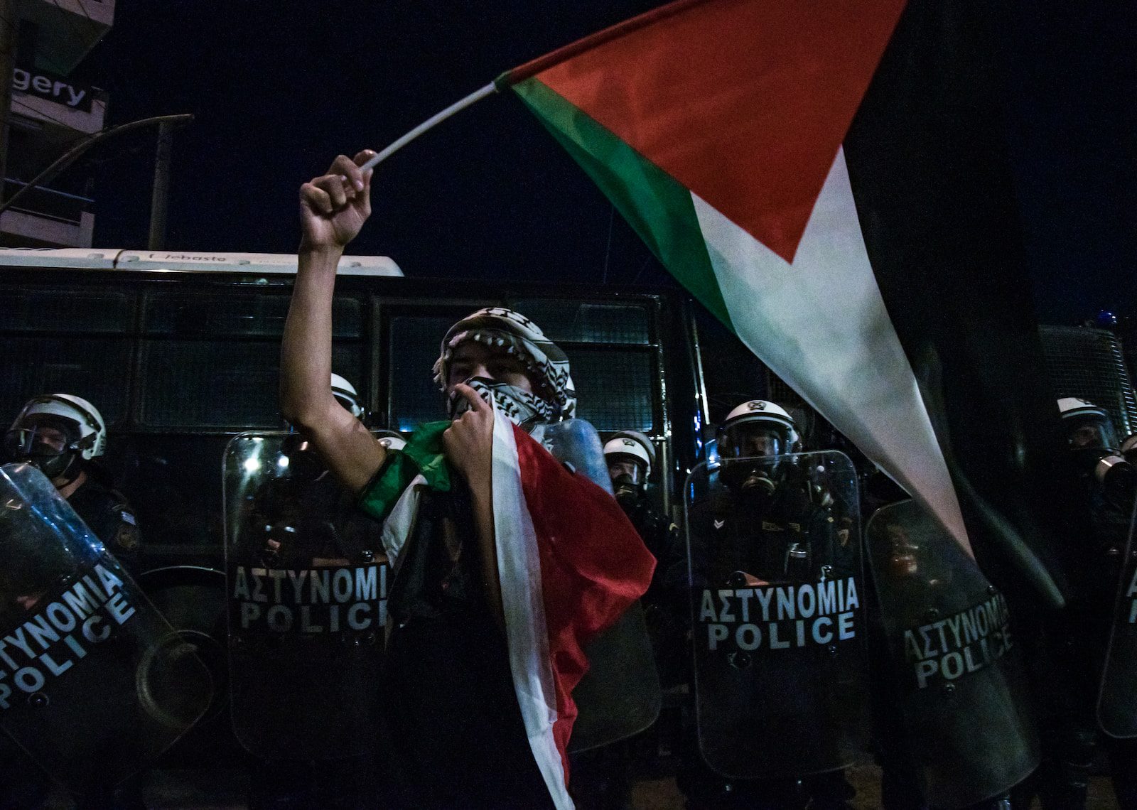 threnody, gaza, a person holding a flag in front of riot police