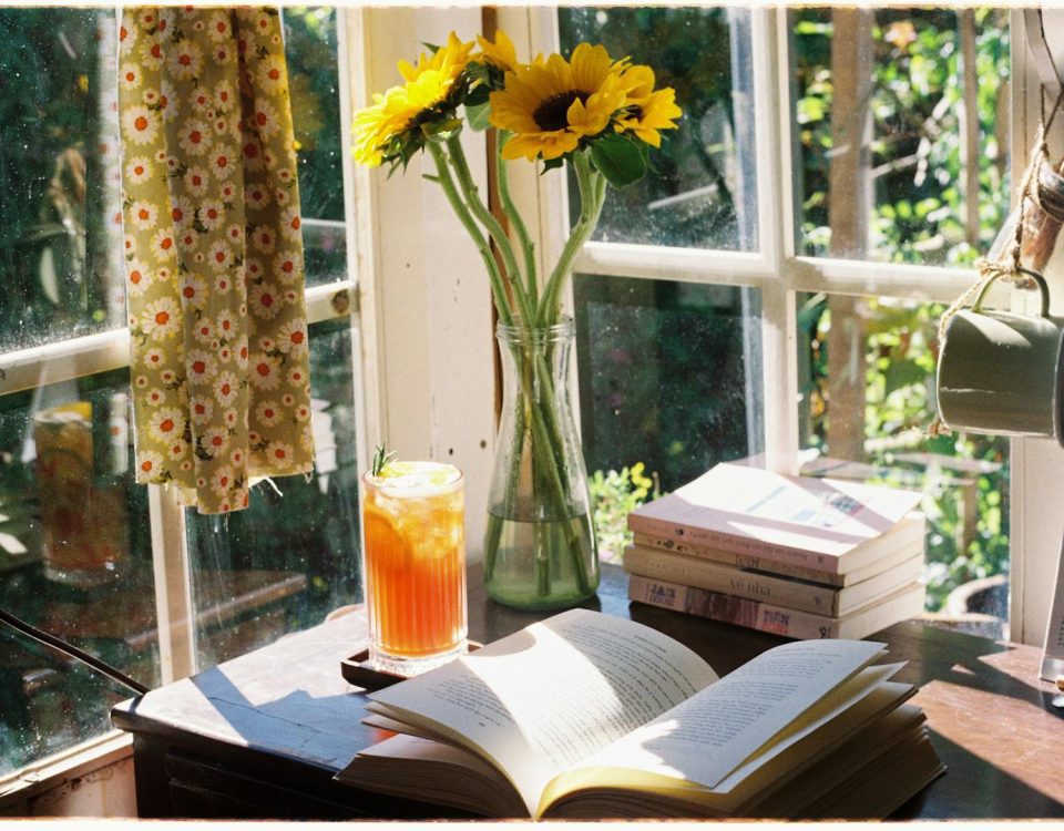 Warm rustic scene with sunflowers, an iced drink, and open books by the window.